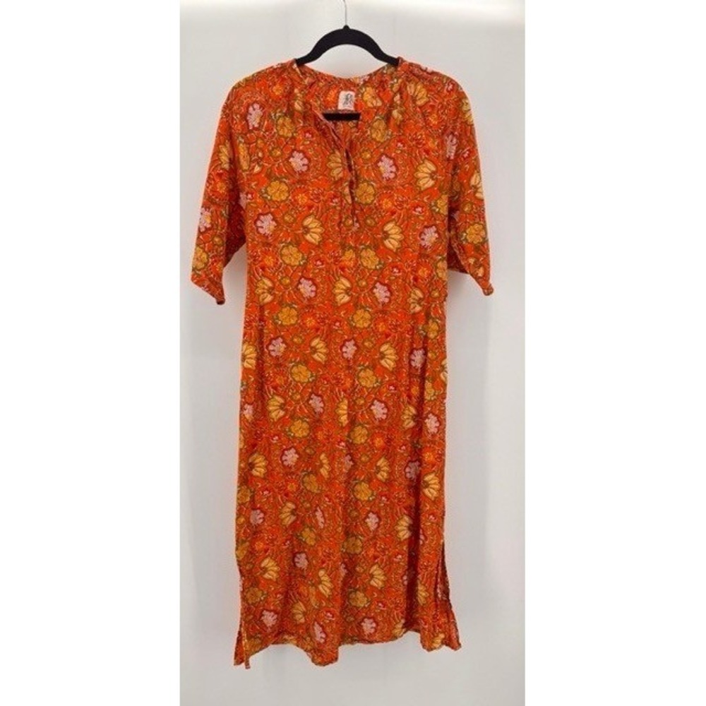 dRA LA Anthropologie Burnt Orange Floral Cotton Midi Dress SMALL Boho Indie
